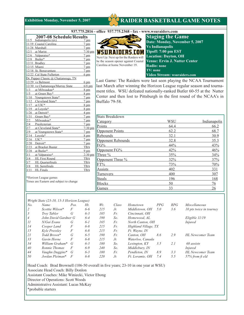 RAIDER BASKETBALL GAME NOTES Staging the Game