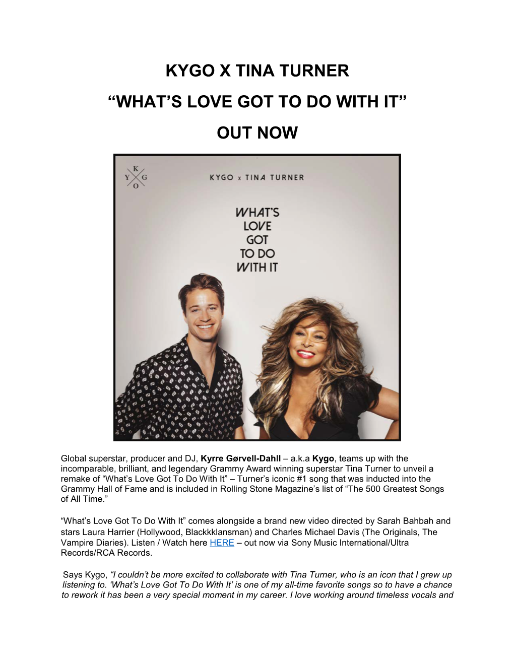 Kygo X Tina Turner “What's Love Got to Do with It” Out