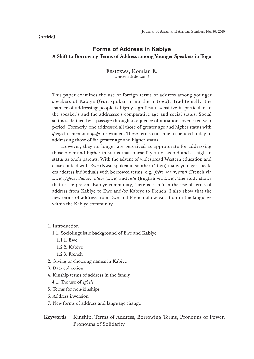 Forms of Address in Kabiye a Shift to Borrowing Terms of Address Among Younger Speakers in Togo