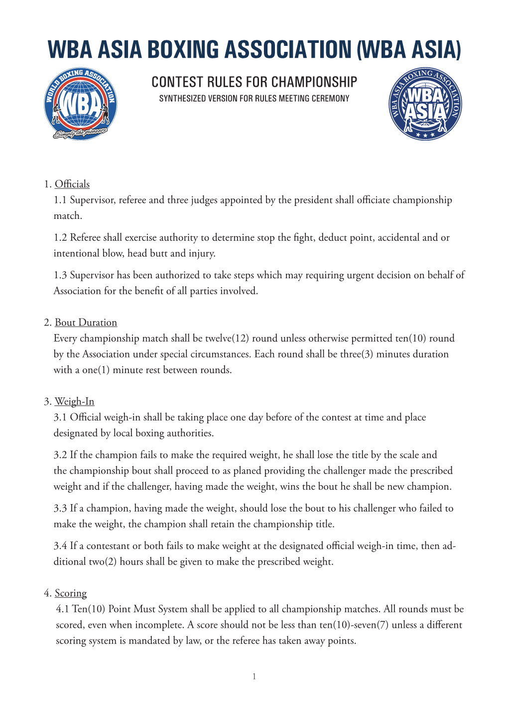 Wba Asia Boxing Association (Wba Asia) Contest Rules for Championship Synthesized Version for Rules Meeting Ceremony