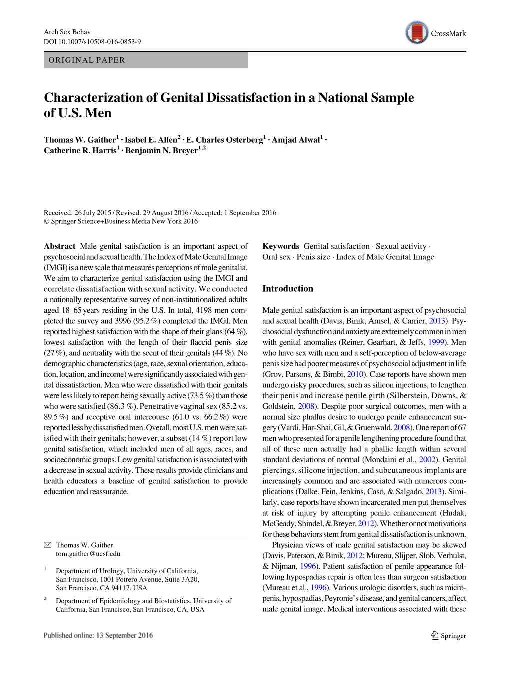 Characterization of Genital Dissatisfaction in a National Sample of U.S