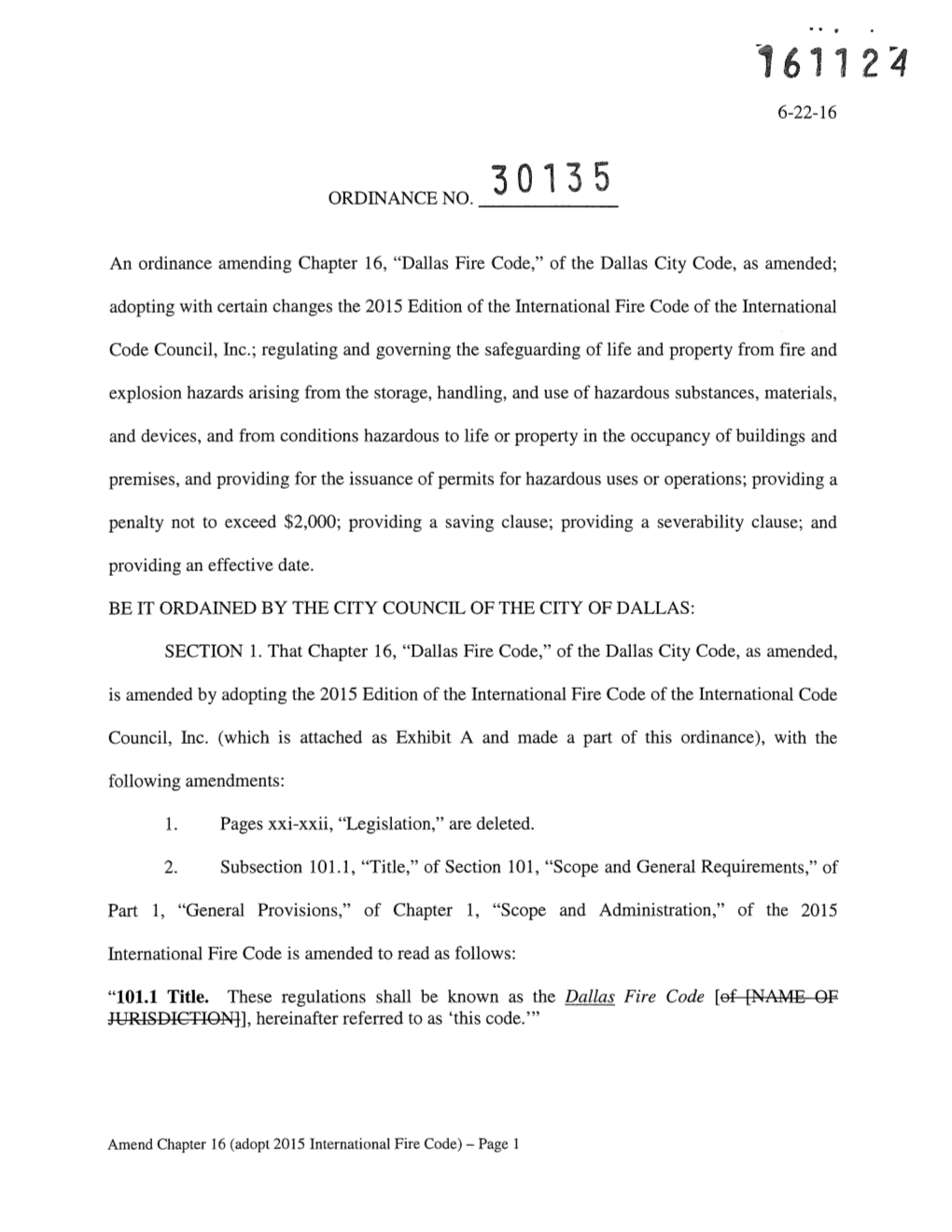 Dallas Fire Code,” of the Dallas City Code, As Amended; Adopting with Certain Changes the 2015 Edition of the International Fire Code of the International