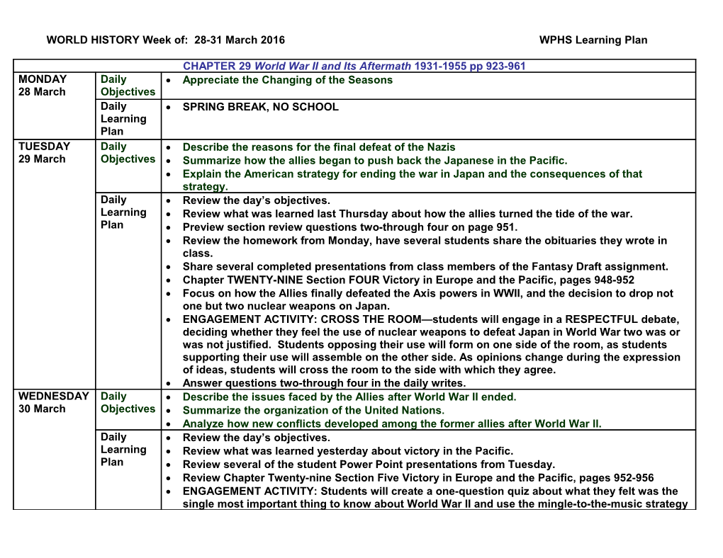 World History Week Of: 28-31 March 2016 WPHS Learning Plan