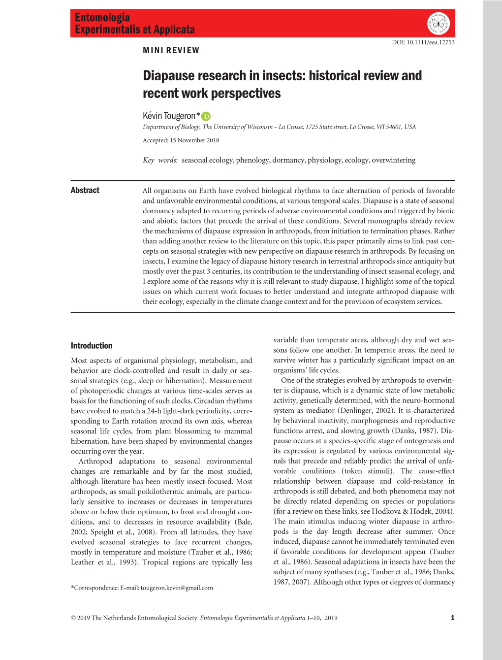 Diapause Research in Insects: Historical Review and Recent Work Perspectives