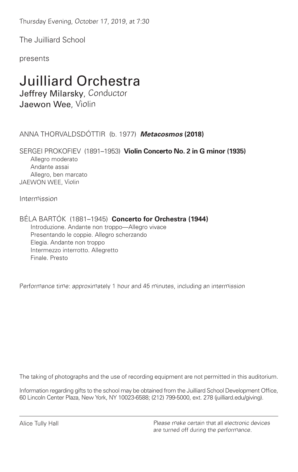 Juilliard Orchestra Jeffrey Milarsky, Conductor Jaewon Wee, Violin