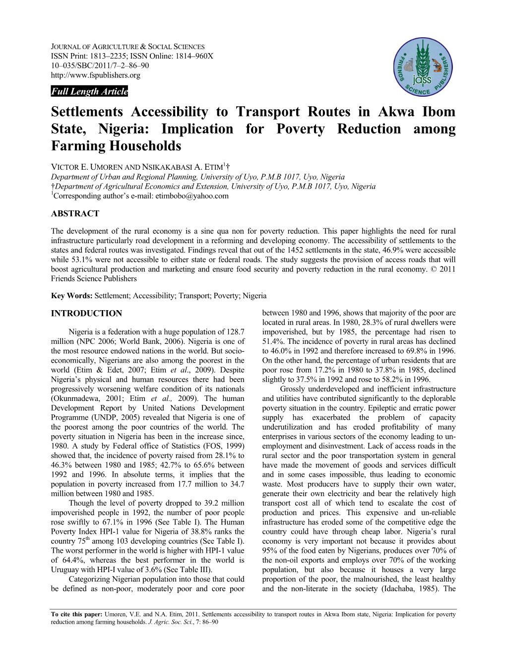 Settlements Accessibility to Transport Routes in Akwa Ibom State, Nigeria: Implication for Poverty Reduction Among Farming Households