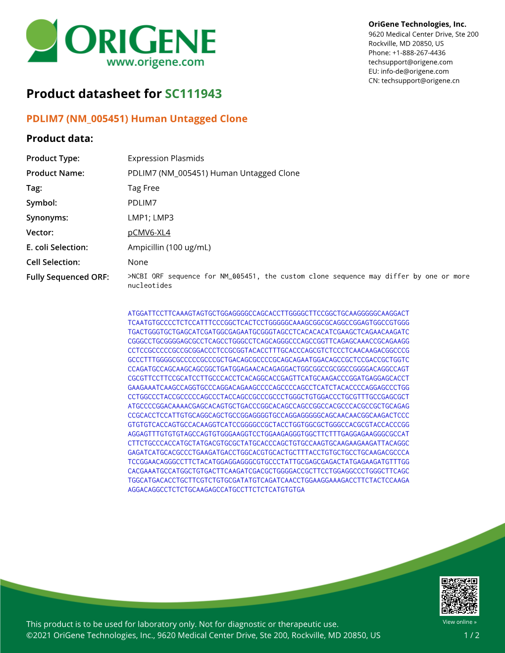 PDLIM7 (NM 005451) Human Untagged Clone Product Data