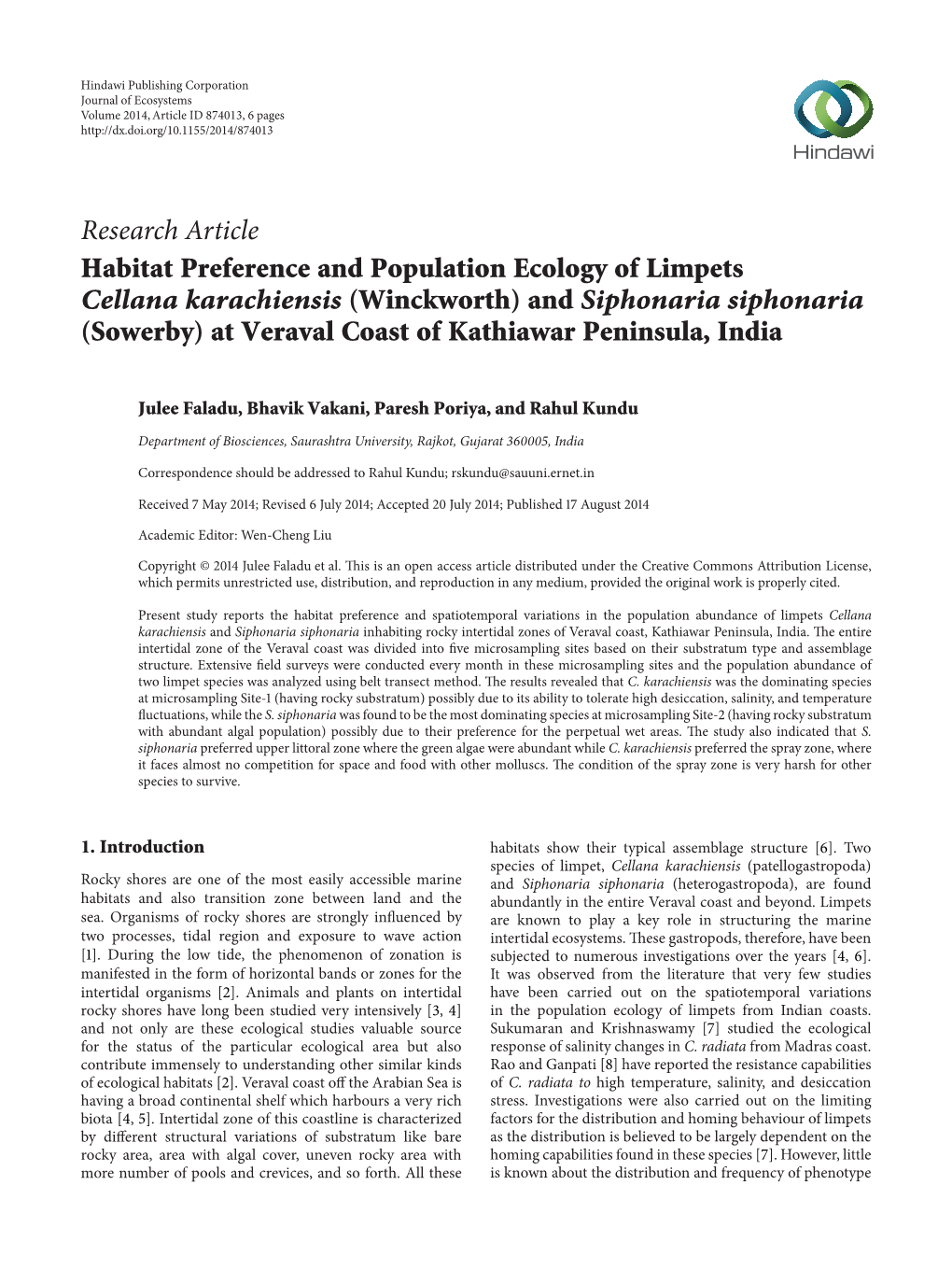 Habitat Preference and Population Ecology of Limpets Cellana