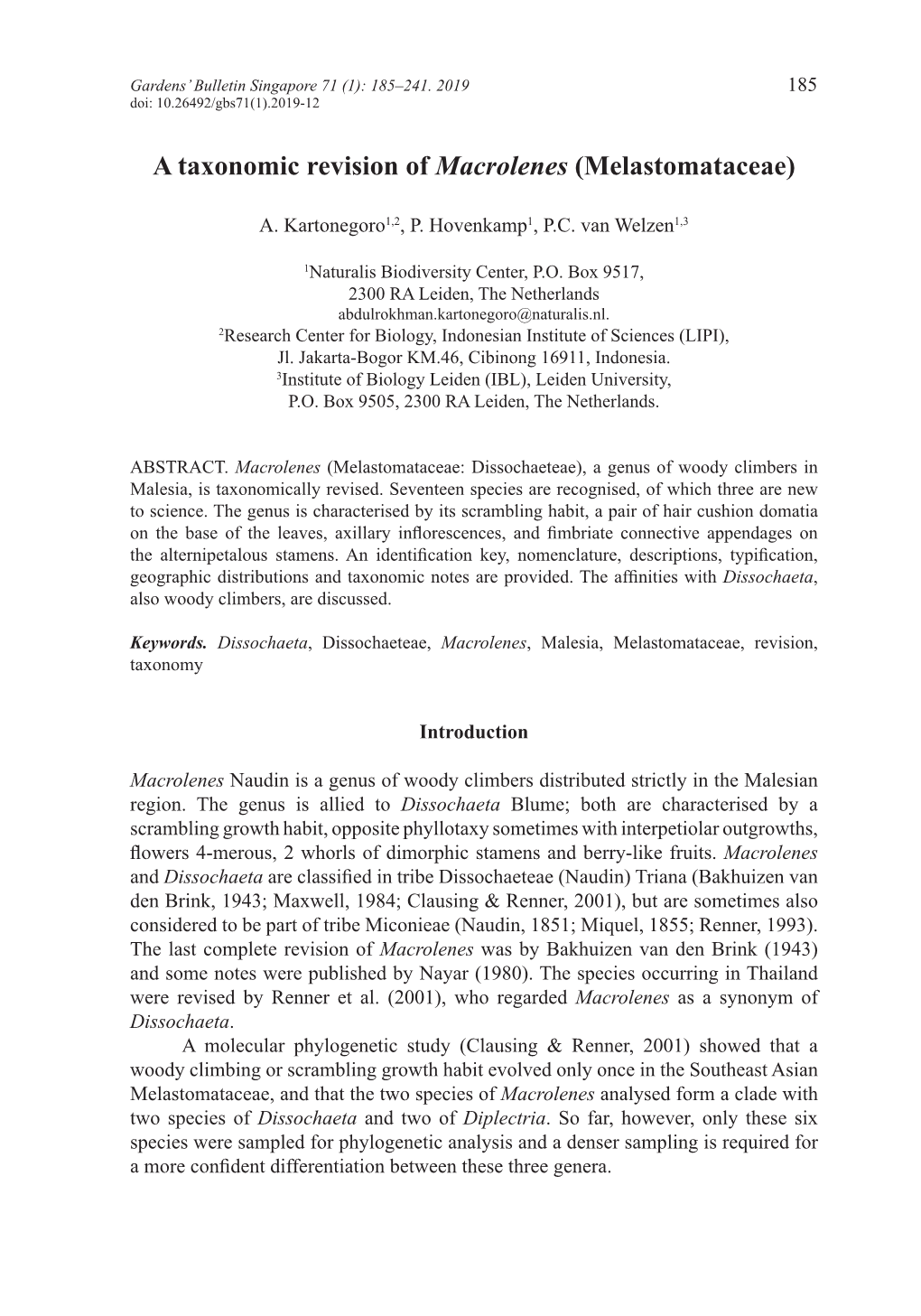 A Taxonomic Revision of Macrolenes (Melastomataceae)