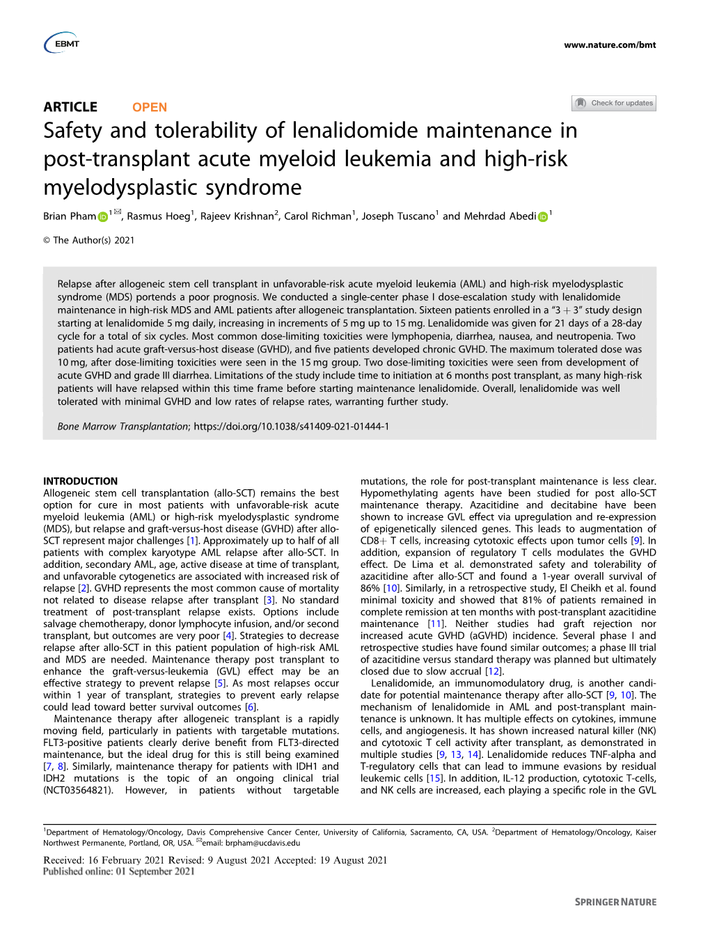 Safety and Tolerability of Lenalidomide Maintenance in Post-Transplant