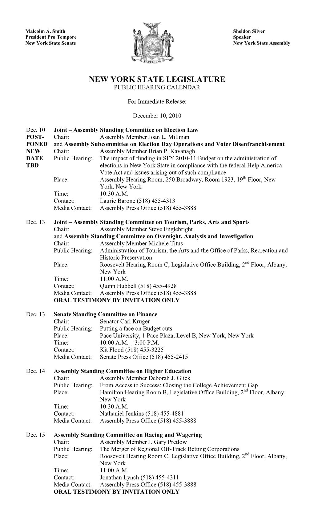 New York State Legislature Public Hearing Calendar