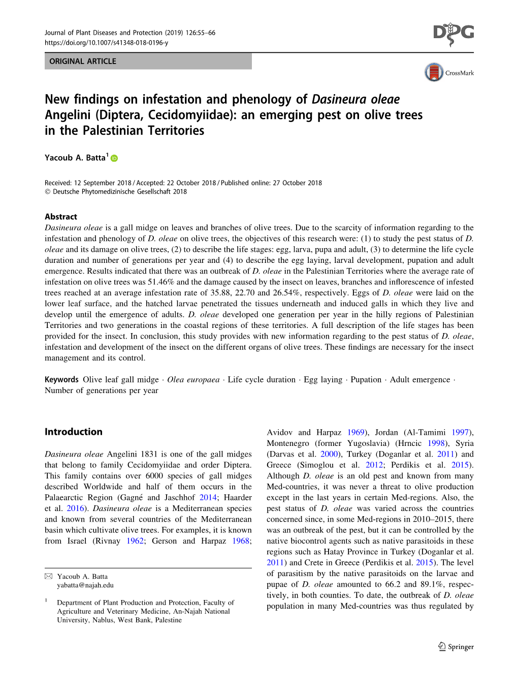 Dasineura Oleae Angelini (Diptera, Cecidomyiidae): an Emerging Pest on Olive Trees in the Palestinian Territories