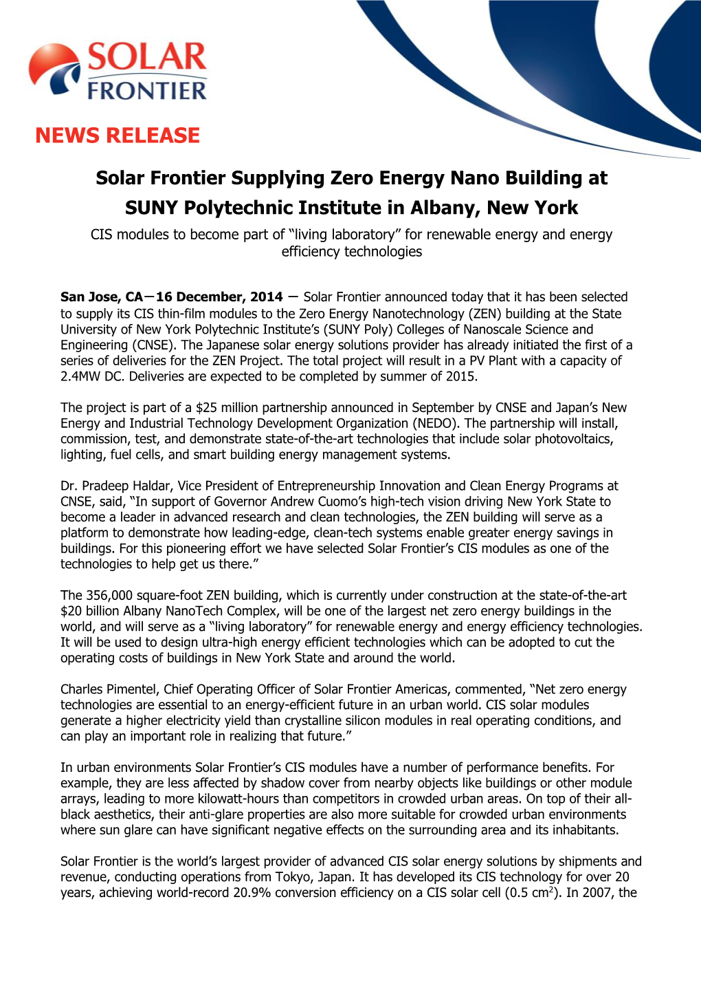 Solar Frontier Supplying Zero Energy Nano Building at SUNY Polytechnic
