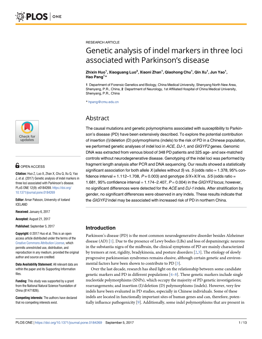 Genetic Analysis of Indel Markers in Three Loci Associated with Parkinson’S Disease