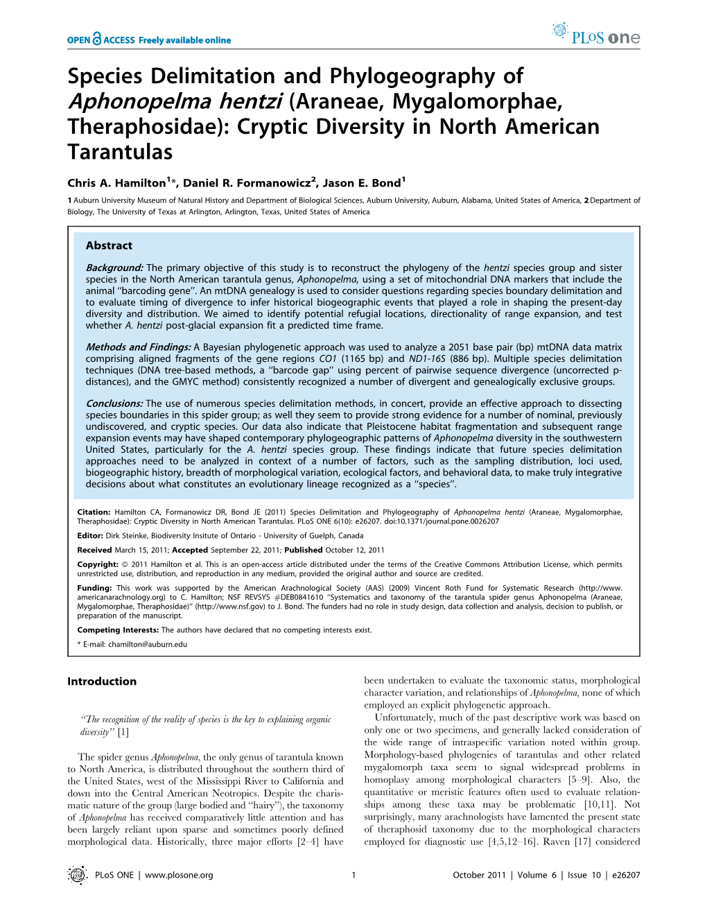 Species Delimitation and Phylogeography of Aphonopelma Hentzi (Araneae, Mygalomorphae, Theraphosidae): Cryptic Diversity in North American Tarantulas