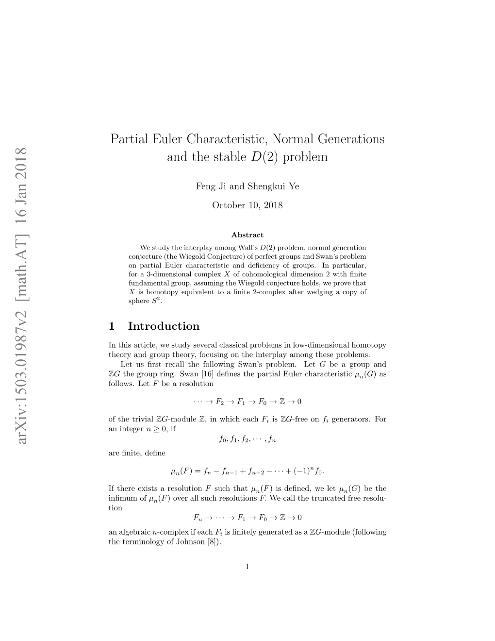 Partial Euler Characteristic, Normal Generations and the Stable D (2