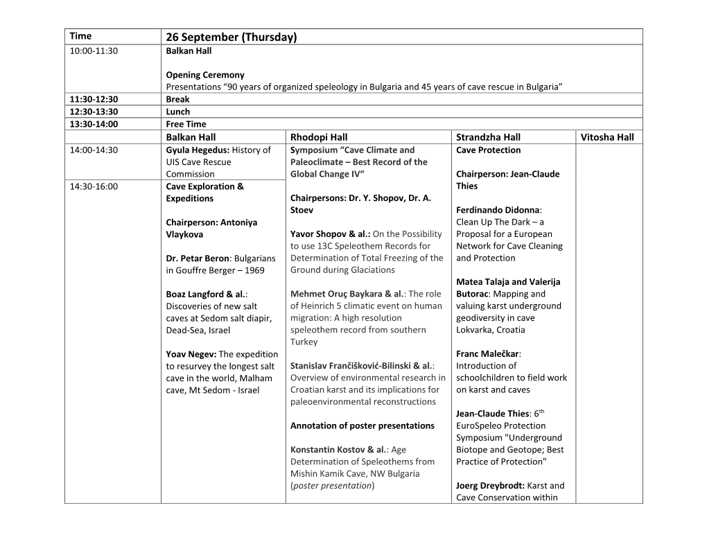 Program of 13 Th Eurospeleo Forum 26-29 September 2019, Dolni Lozen, Sofia, Bulgaria