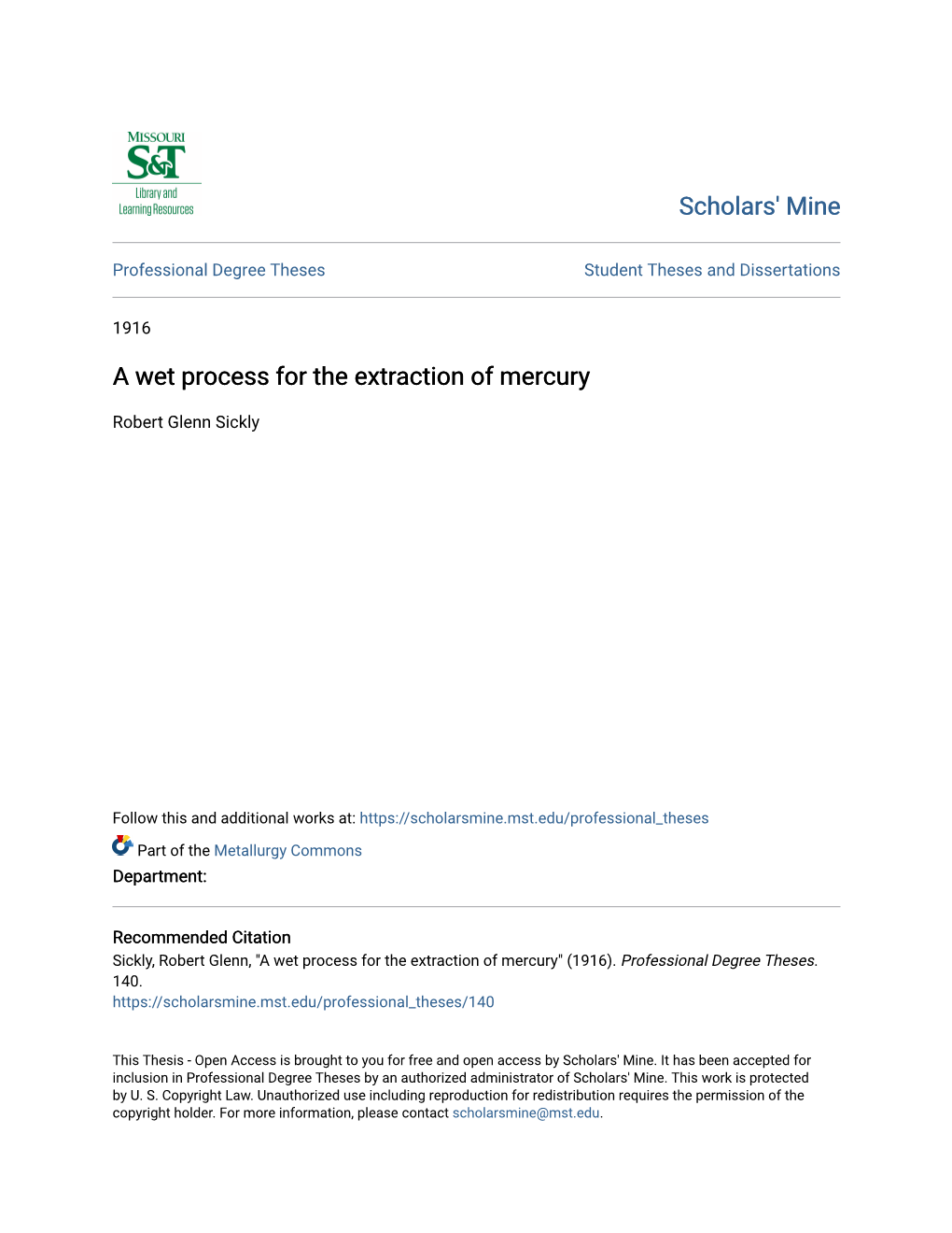 A Wet Process for the Extraction of Mercury