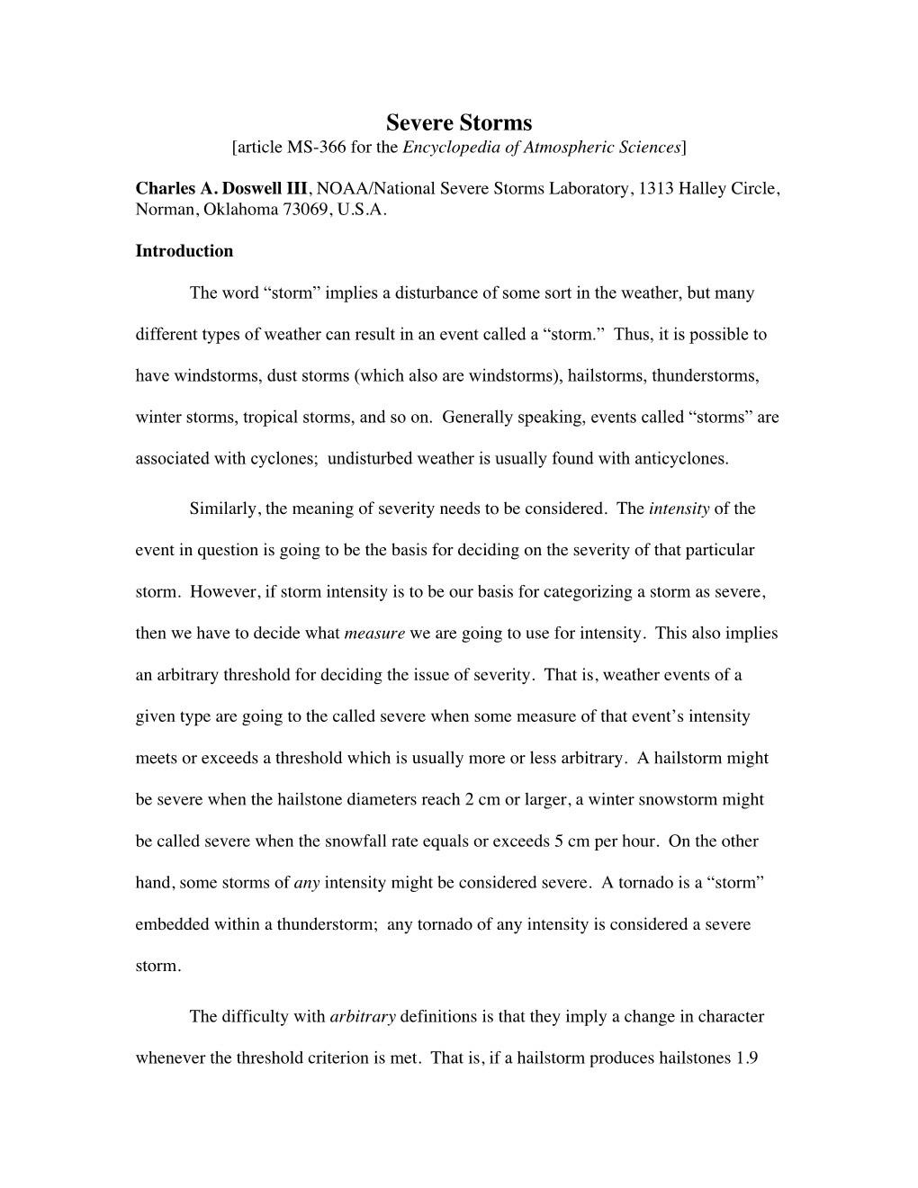 Severe Storms [Article MS-366 for the Encyclopedia of Atmospheric Sciences]