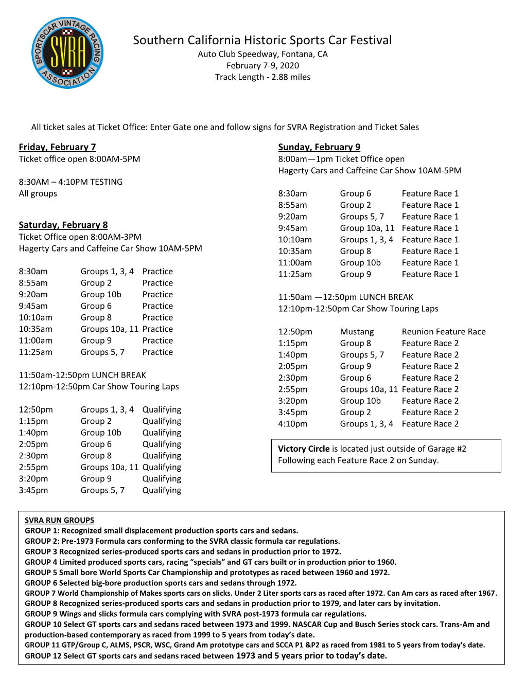 Southern California Historic Sports Car Festival Auto Club Speedway, Fontana, CA February 7-9, 2020 Track Length - 2.88 Miles