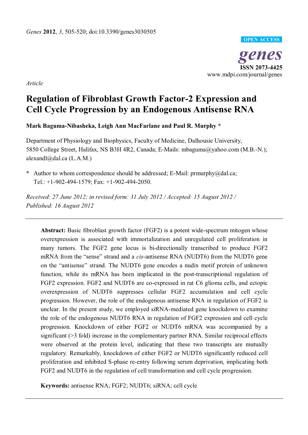 Regulation of Fibroblast Growth Factor-2 Expression and Cell Cycle Progression by an Endogenous Antisense RNA