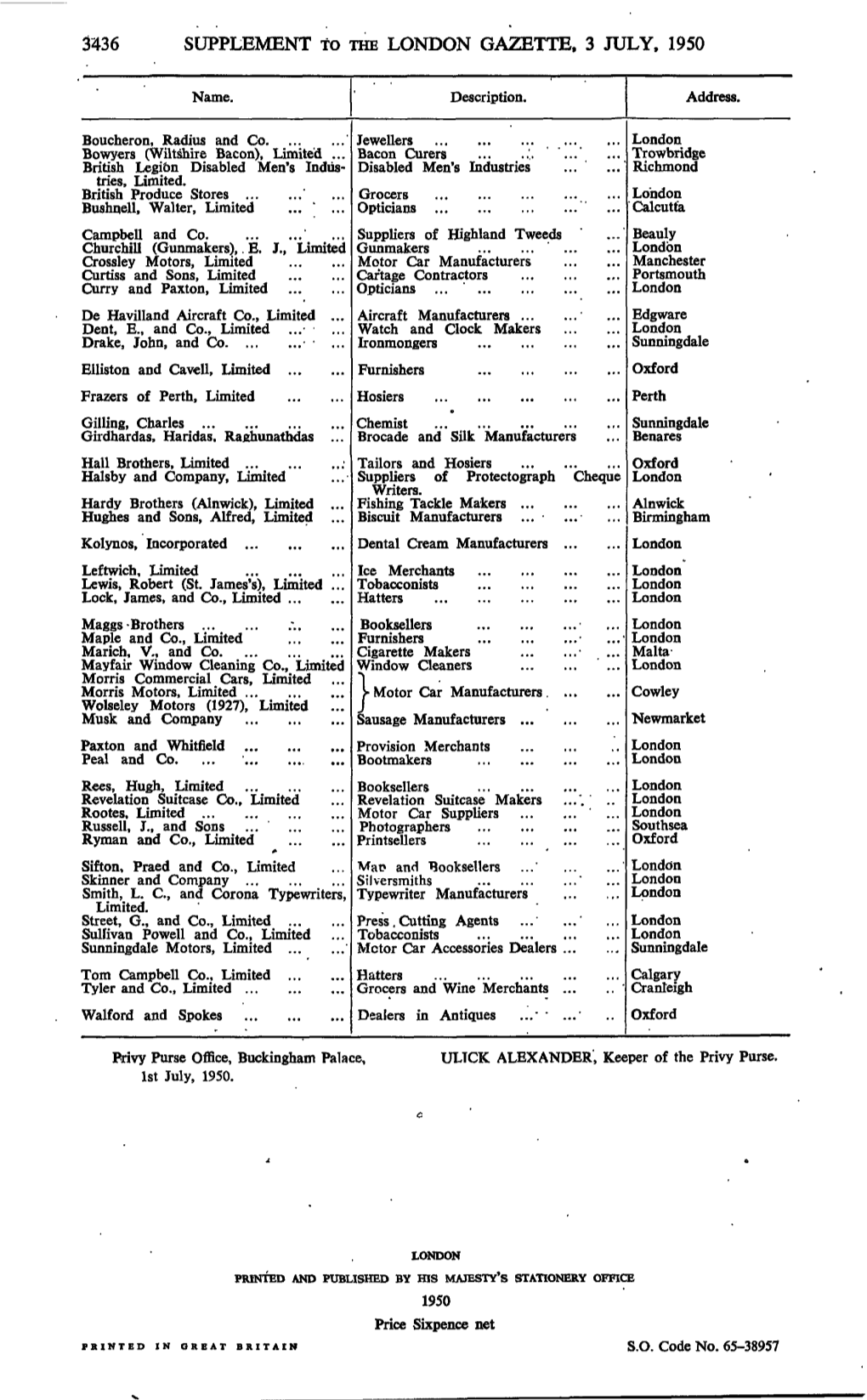 3436 SUPPLEMENT to the LONDON GAZETTE, 3 JULY, 1950