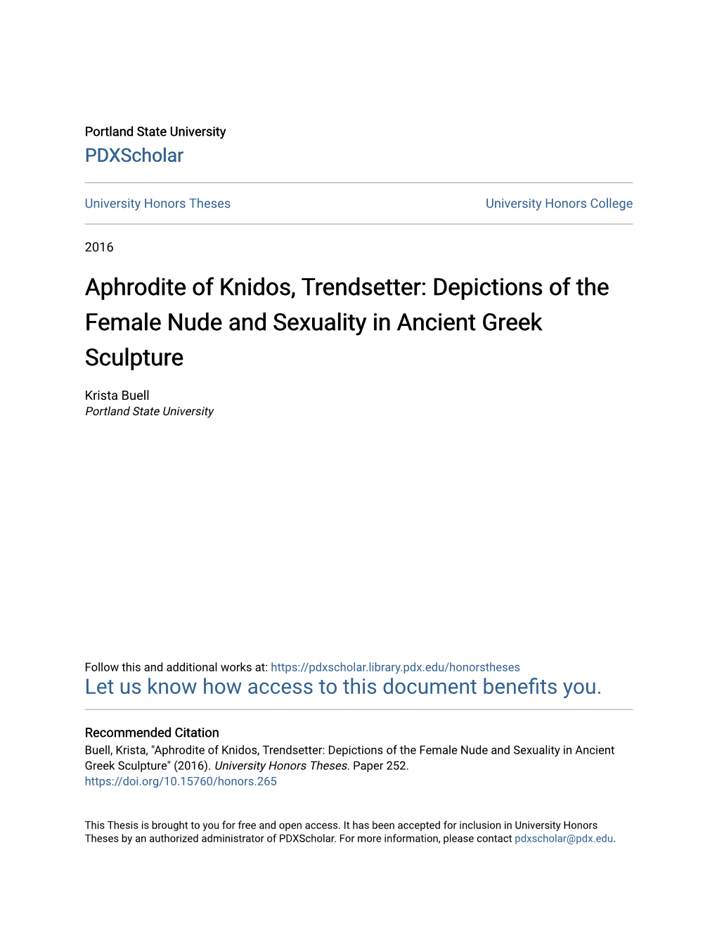 Depictions of the Female Nude and Sexuality in Ancient Greek Sculpture