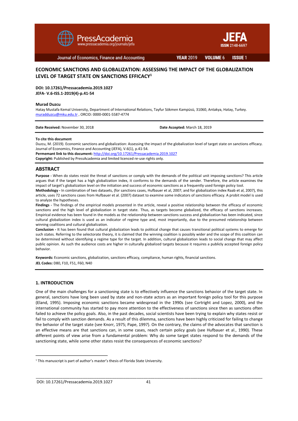 Economic Sanctions and Globalization: Assessing the Impact of the Globalization Level of Target State on Sanctions Efficacy1