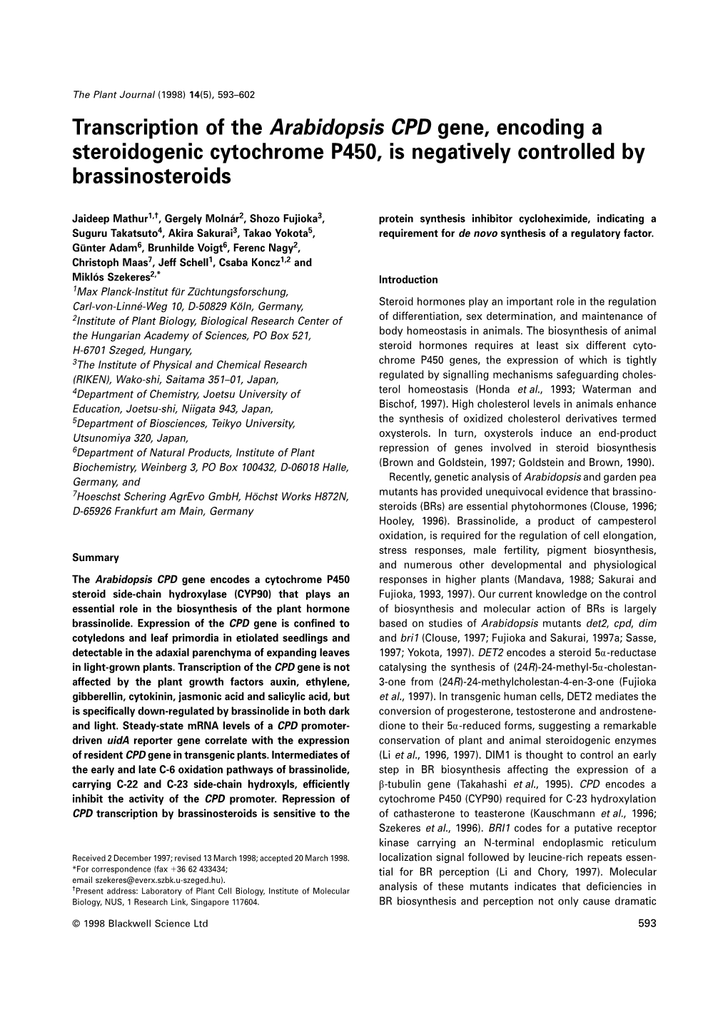 Transcription of the Arabidopsis CPD Gene, Encoding a Steroidogenic Cytochrome P450, Is Negatively Controlled by Brassinosteroids