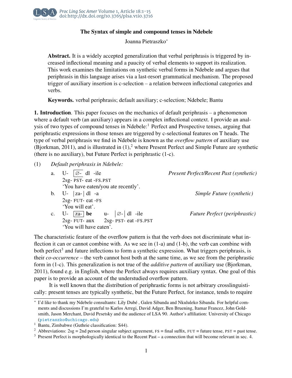 The Syntax of Simple and Compound Tenses in Ndebele Joanna Pietraszko*