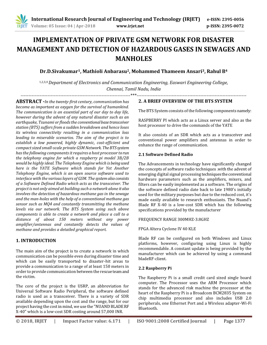 Implementation of Private Gsm Network for Disaster Management and Detection of Hazardous Gases in Sewages and Manholes