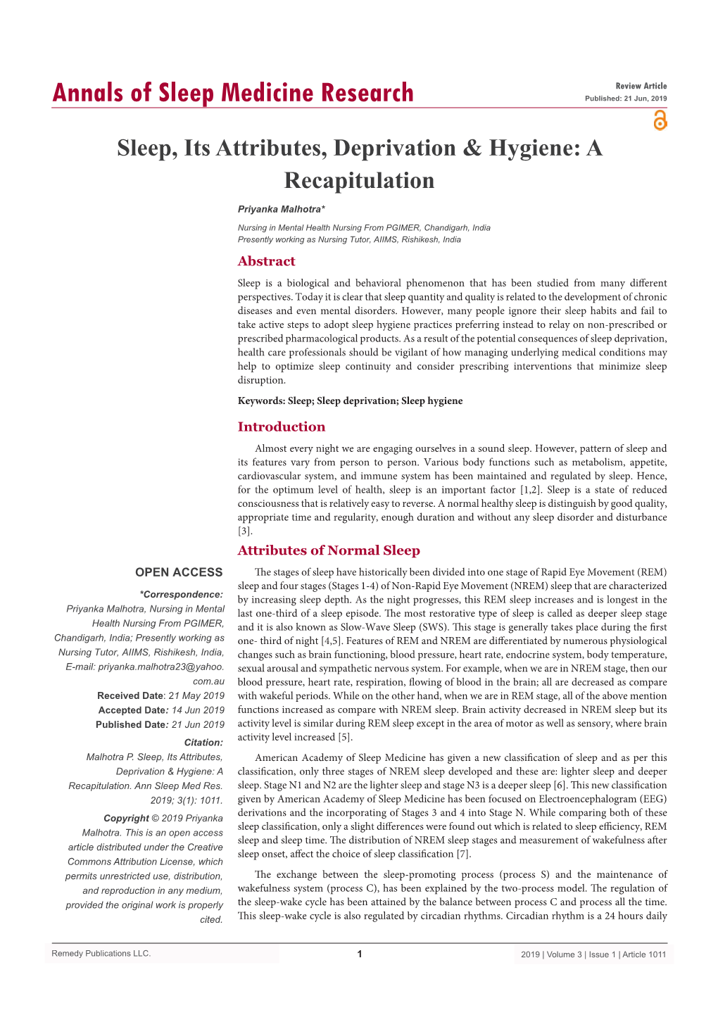 Sleep, Its Attributes, Deprivation & Hygiene: a Recapitulation