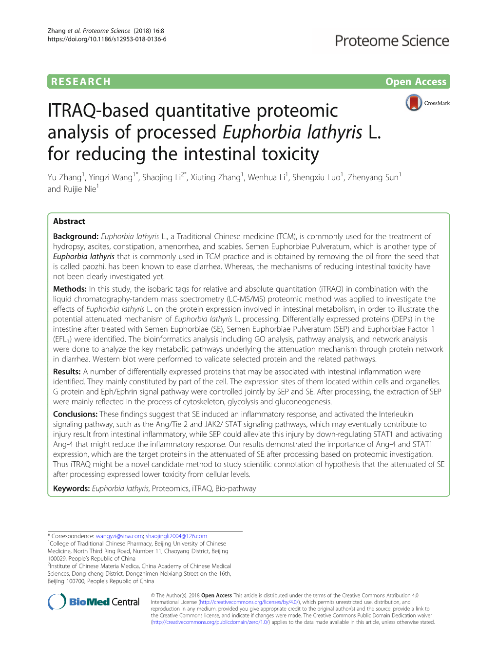 ITRAQ-Based Quantitative Proteomic Analysis of Processed Euphorbia Lathyris L