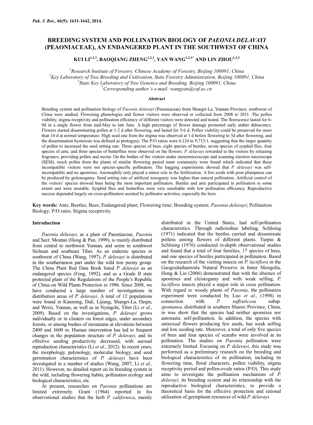 Breeding System and Pollination Biology of Paeonia Delavayi (Peaoniaceae), an Endangered Plant in the Southwest of China