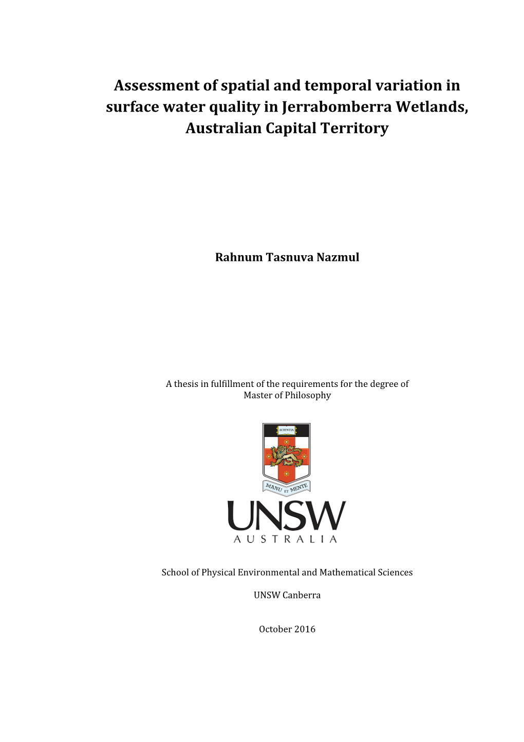 Assessment of Spatial and Temporal Variation in Surface Water Quality in Jerrabomberra Wetlands, Australian Capital Territory