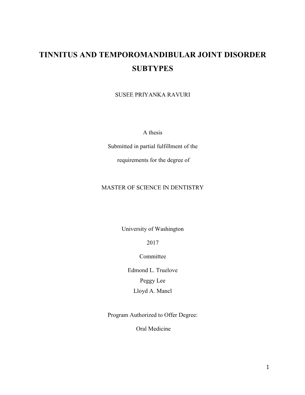 Tinnitus and Temporomandibular Joint Disorder Subtypes