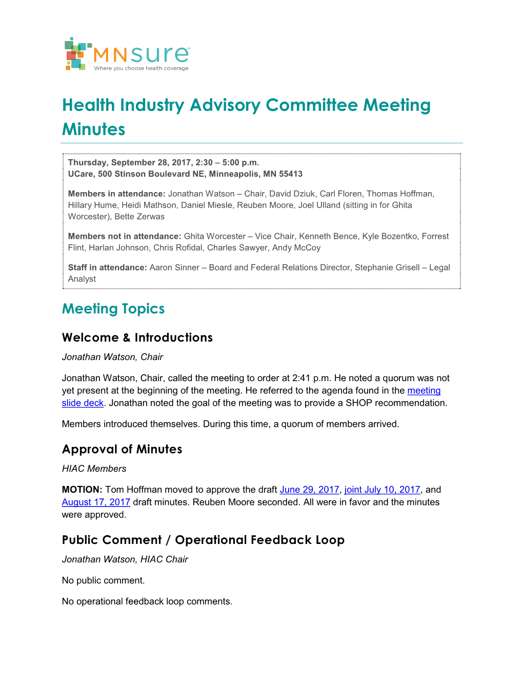 Mnsure Health Industry Advisory Committee Meeting Minutes 9/28/17