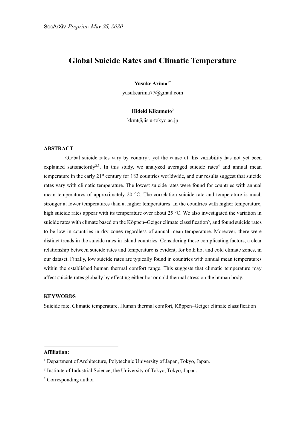 Global Suicide Rates and Climatic Temperature