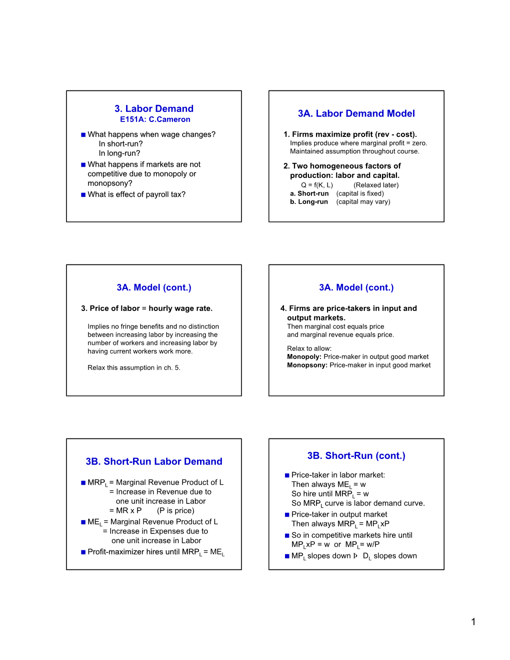 3. Labor Demand 3A. Labor Demand Model 3B. Short-Run Labor Demand 3B. Short-Run (Cont.)