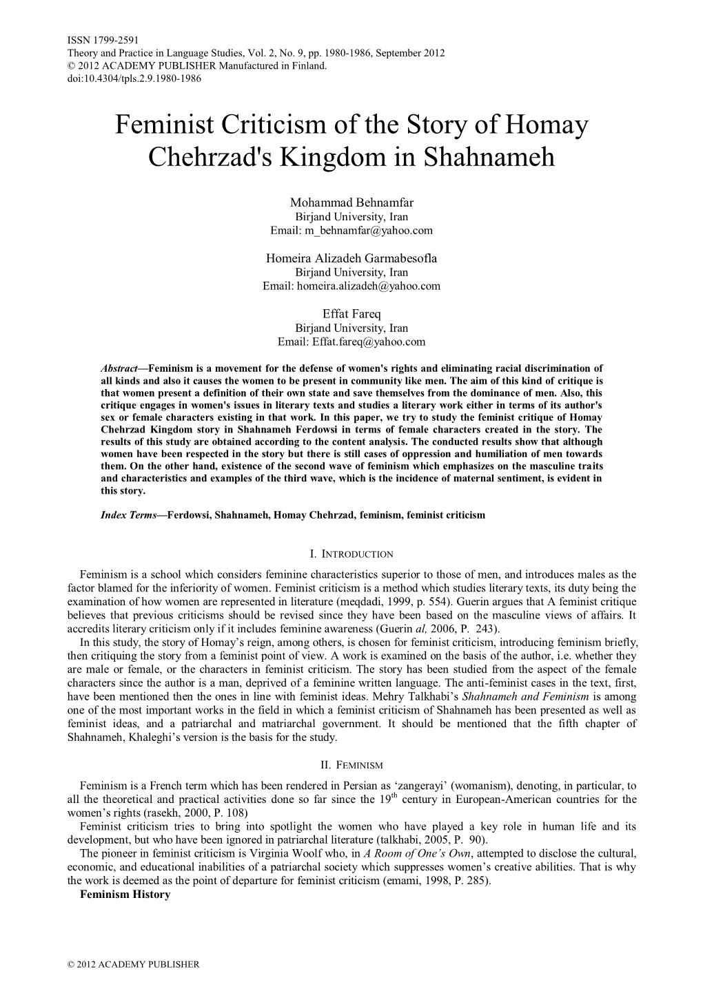 Feminist Criticism of the Story of Homay Chehrzad's Kingdom in Shahnameh