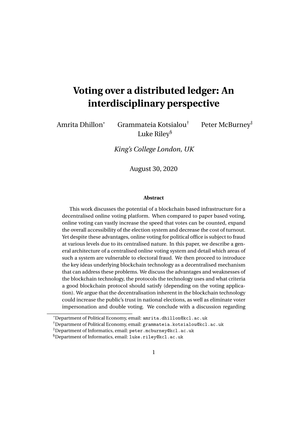 Voting Over a Distributed Ledger: an Interdisciplinary Perspective