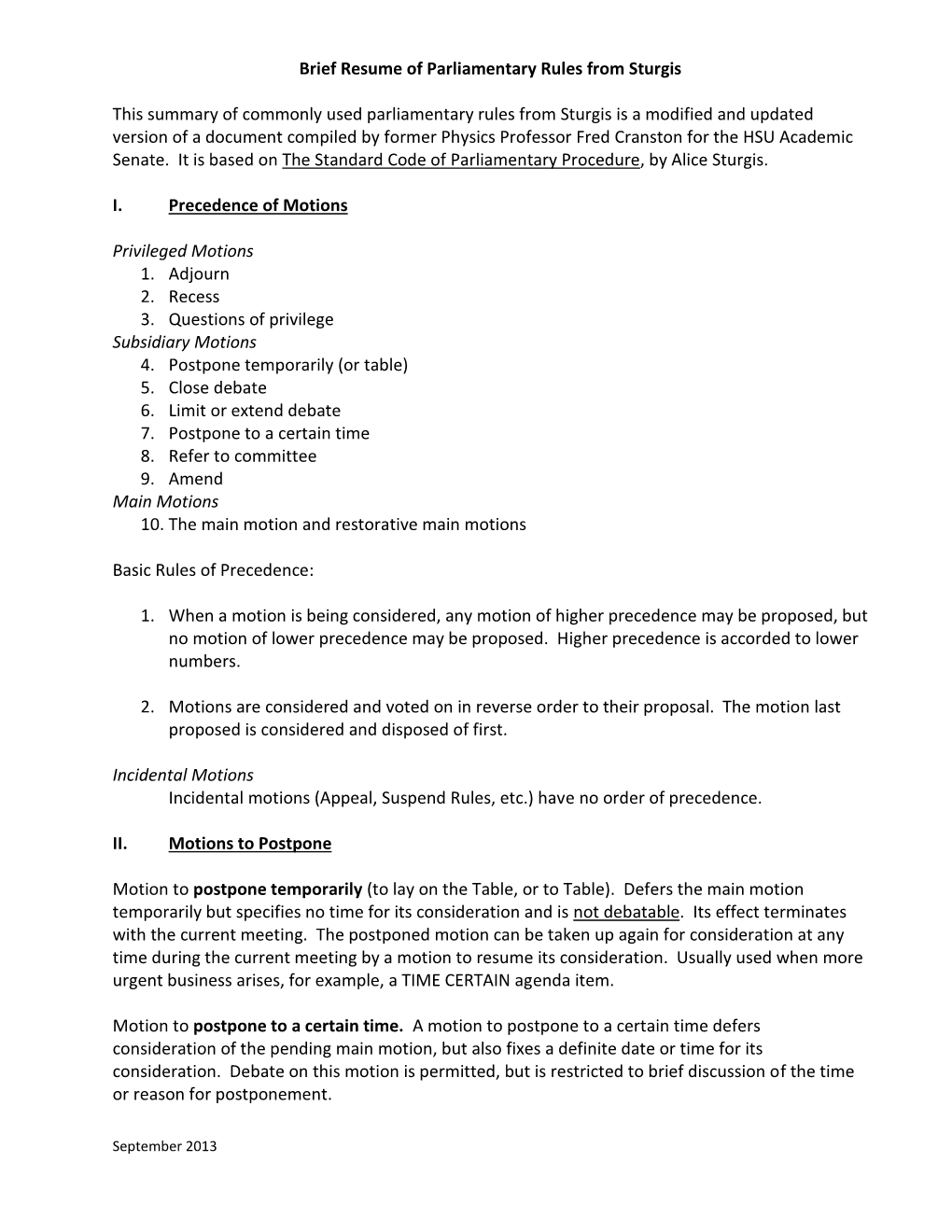 Summary of Commonly Used Parliamentary Rules from Sturgis