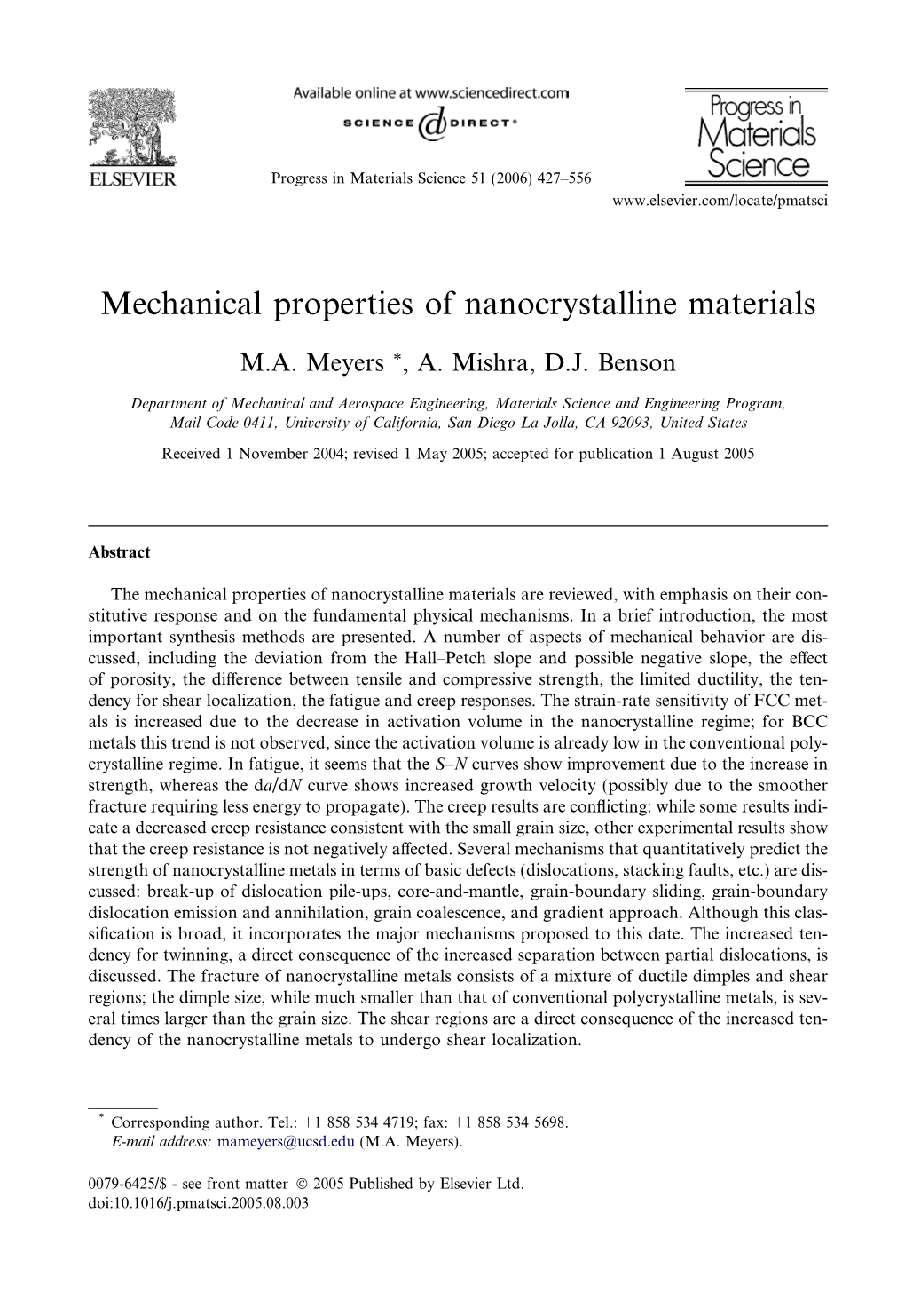 Mechanical Properties of Nanocrystalline Materials