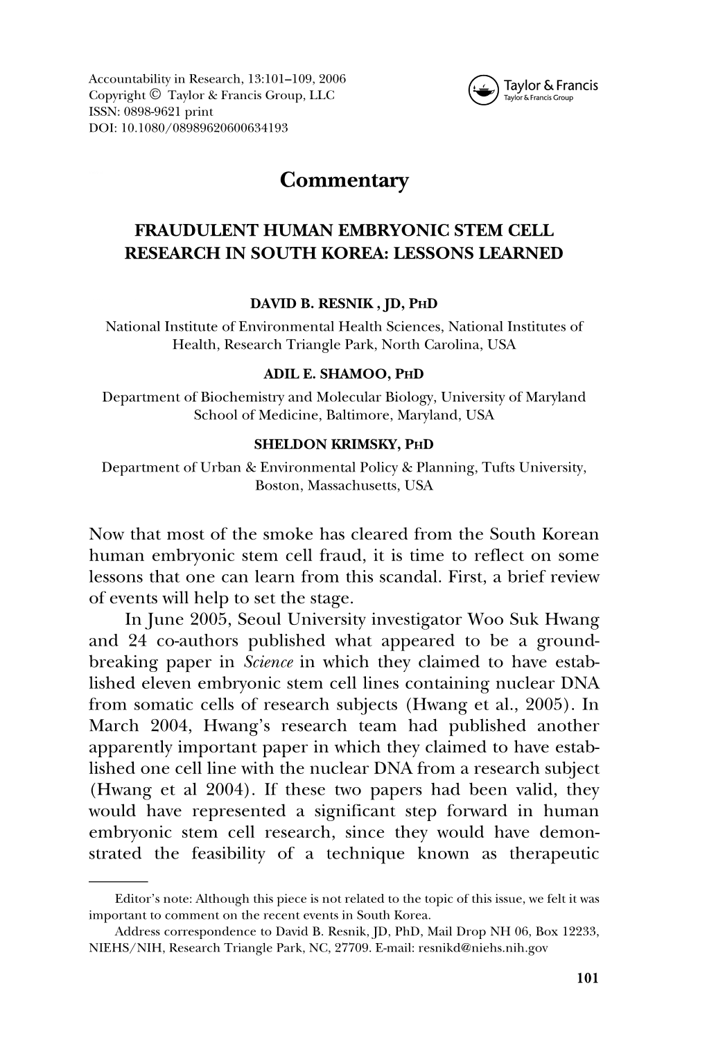 Fraudulent Human Embryonic Stem Cell Research in South Korea: Lessons Learned