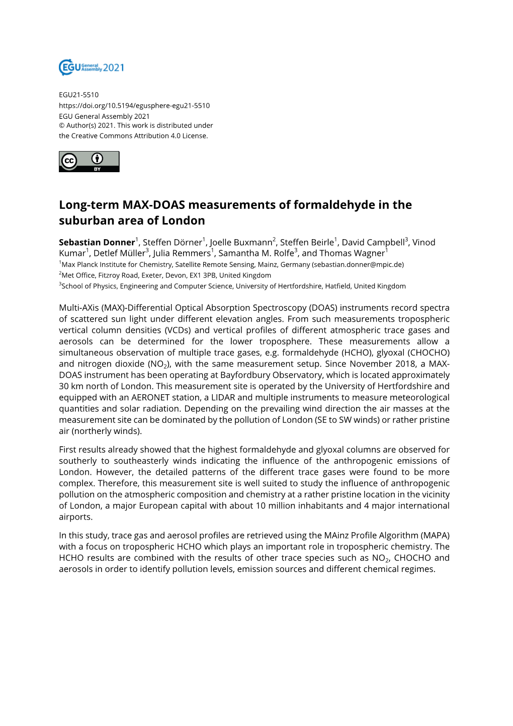 Long-Term MAX-DOAS Measurements of Formaldehyde in the Suburban Area of London