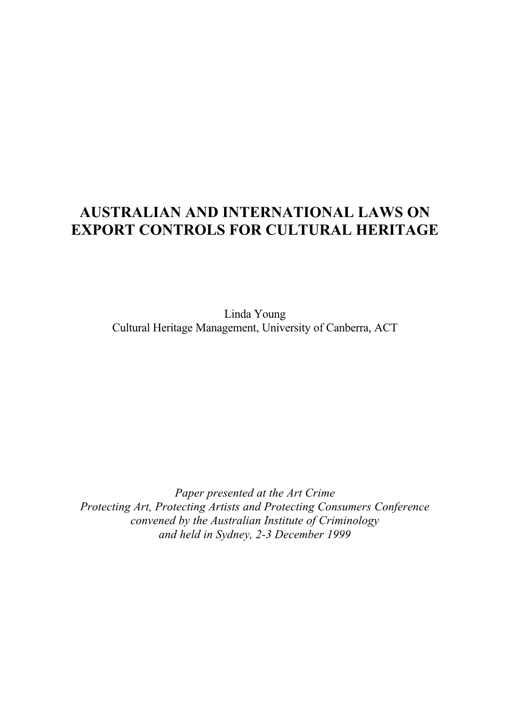 Australian and International Laws on Export Controls for Cultural Heritage