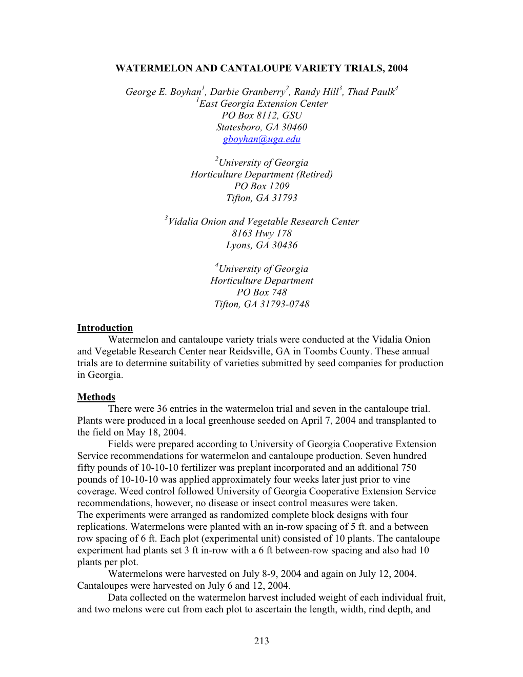 213 Watermelon and Cantaloupe Variety Trials