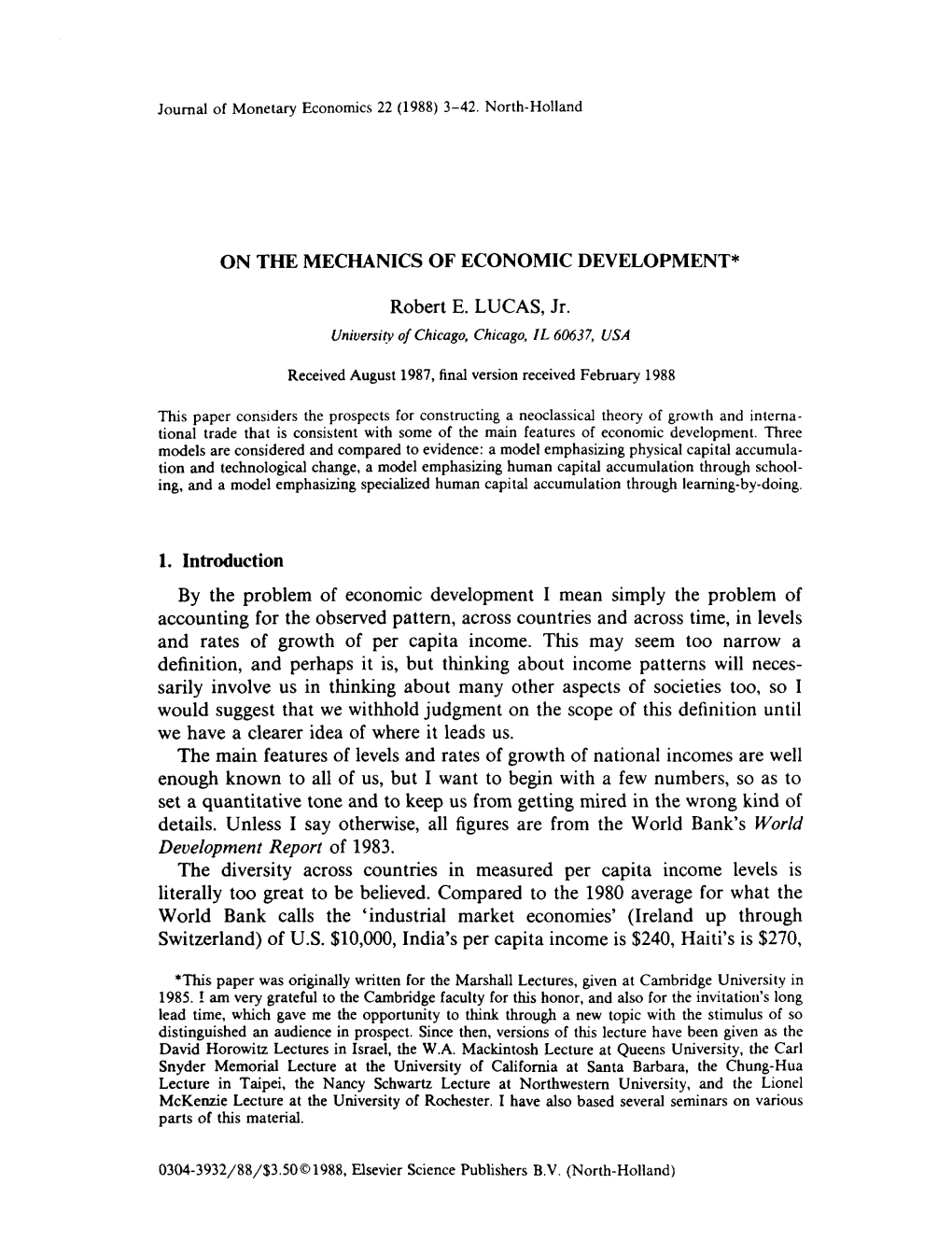 On the Mechanics of Economic Development*