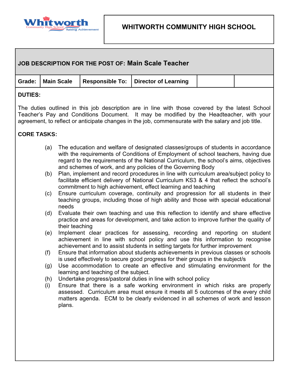 JOB DESCRIPTION for the POST OF: Main Scale Teacher