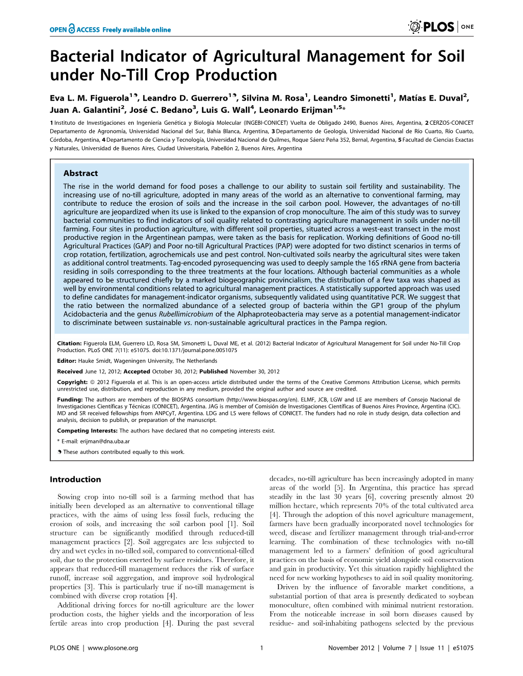 Bacterial Indicator of Agricultural Management for Soil Under No-Till Crop Production